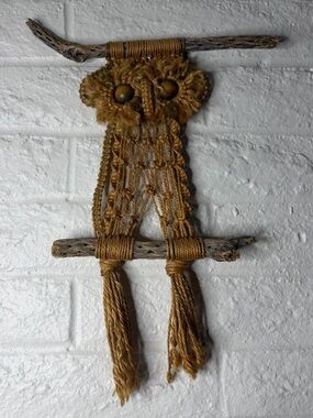 Vintage Macrame Owl Boho Wall Hanging Cholla Cactus Desert Wood